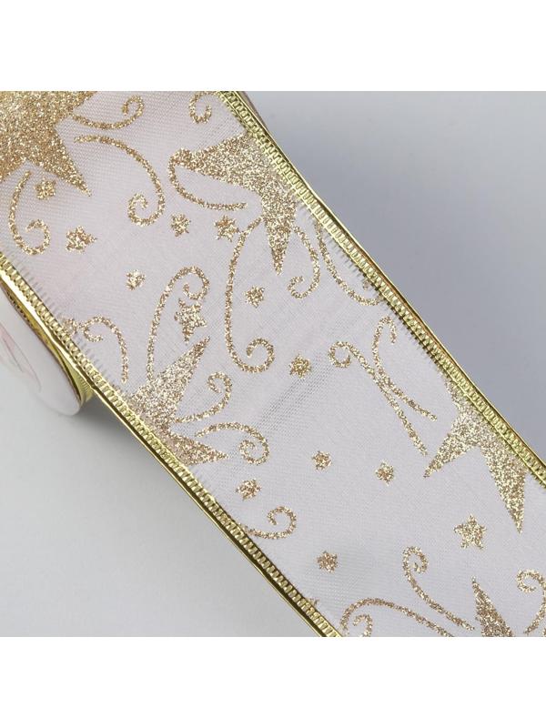 Лента атласная с металлической нитью «Узоры со звездой», 60 мм, 9 ± 0,5 м, цвет белый/золотой