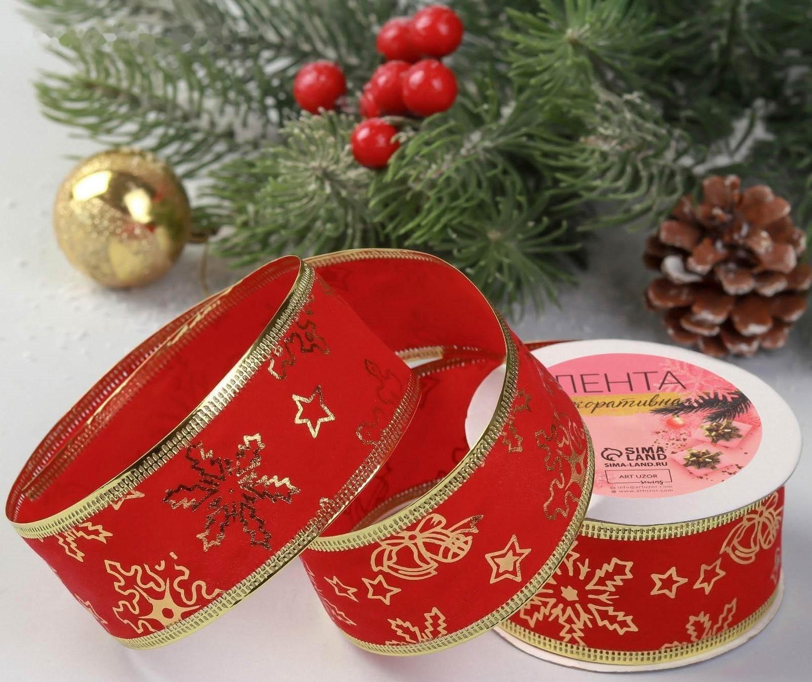 Лента бархатная с металлической нитью «Снежинки», 38 мм × 9 ± 0,5 м, цвет красный/золотой