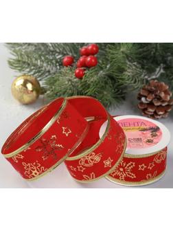 Лента бархатная с металлической нитью «Снежинки», 38 мм × 9 ± 0,5 м, цвет красный/золотой