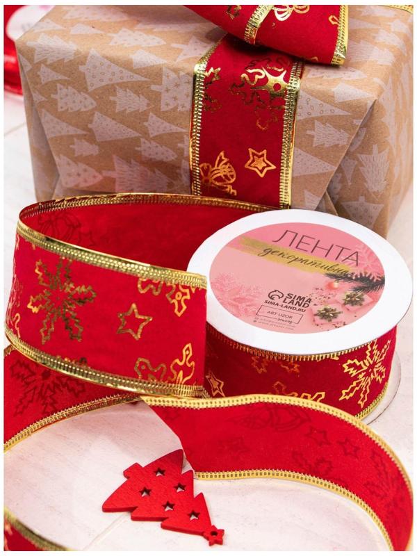 Лента бархатная с металлической нитью «Снежинки», 38 мм × 9 ± 0,5 м, цвет красный/золотой