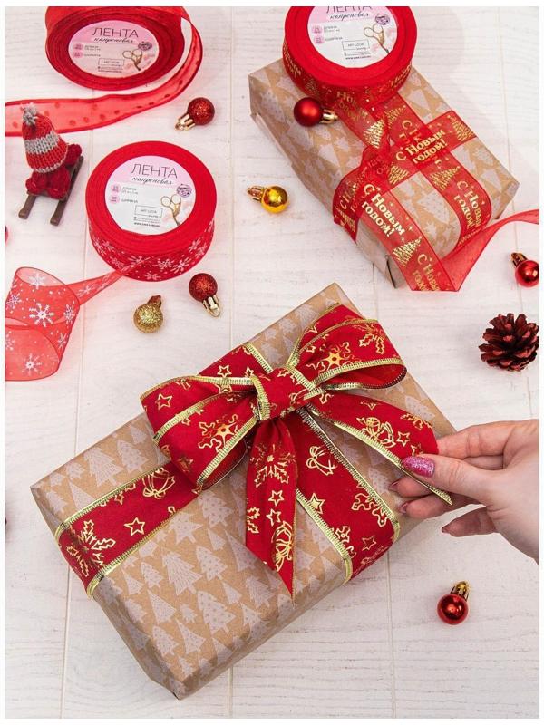 Лента бархатная с металлической нитью «Снежинки», 38 мм × 9 ± 0,5 м, цвет красный/золотой