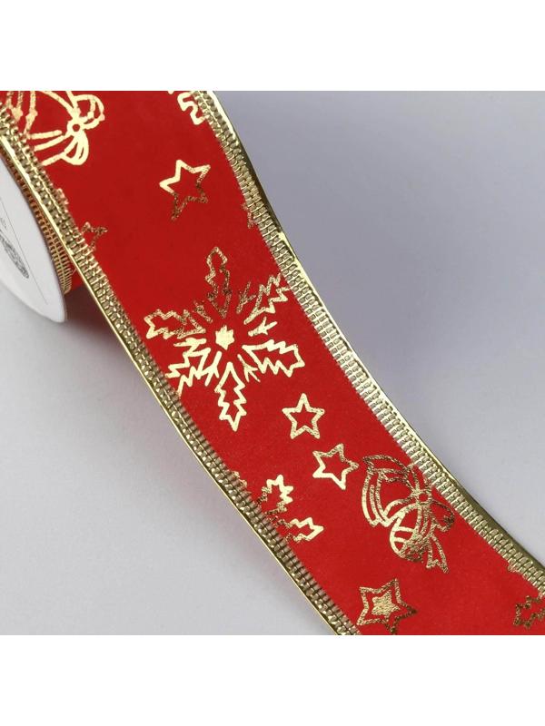 Лента бархатная с металлической нитью «Снежинки», 38 мм × 9 ± 0,5 м, цвет красный/золотой