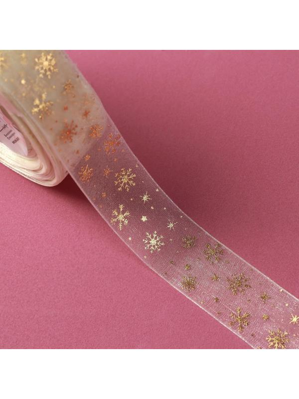 Лента капроновая с тиснением «Снежинки», 25 мм × 23 ± 1 м, цвет белый/золотой №008