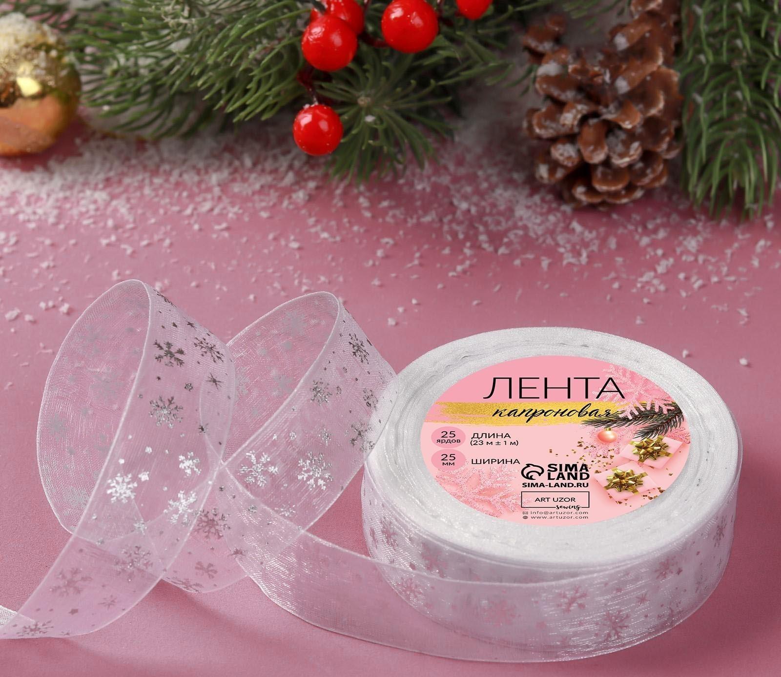 Лента капроновая с тиснением «Снежинки», 25 мм × 23 ± 1 м, цвет белый/серебряный №001