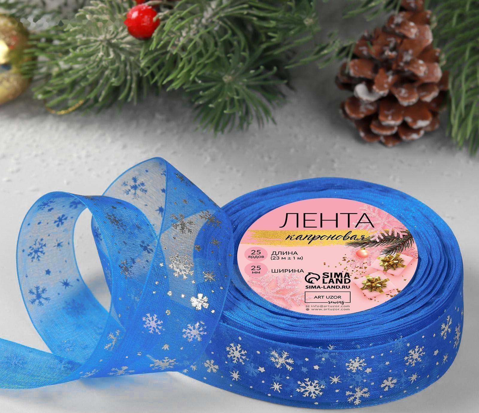 Лента капроновая с тиснением «Снежинки», 25 мм × 23 ± 1 м, цвет синий/серебряный №040
