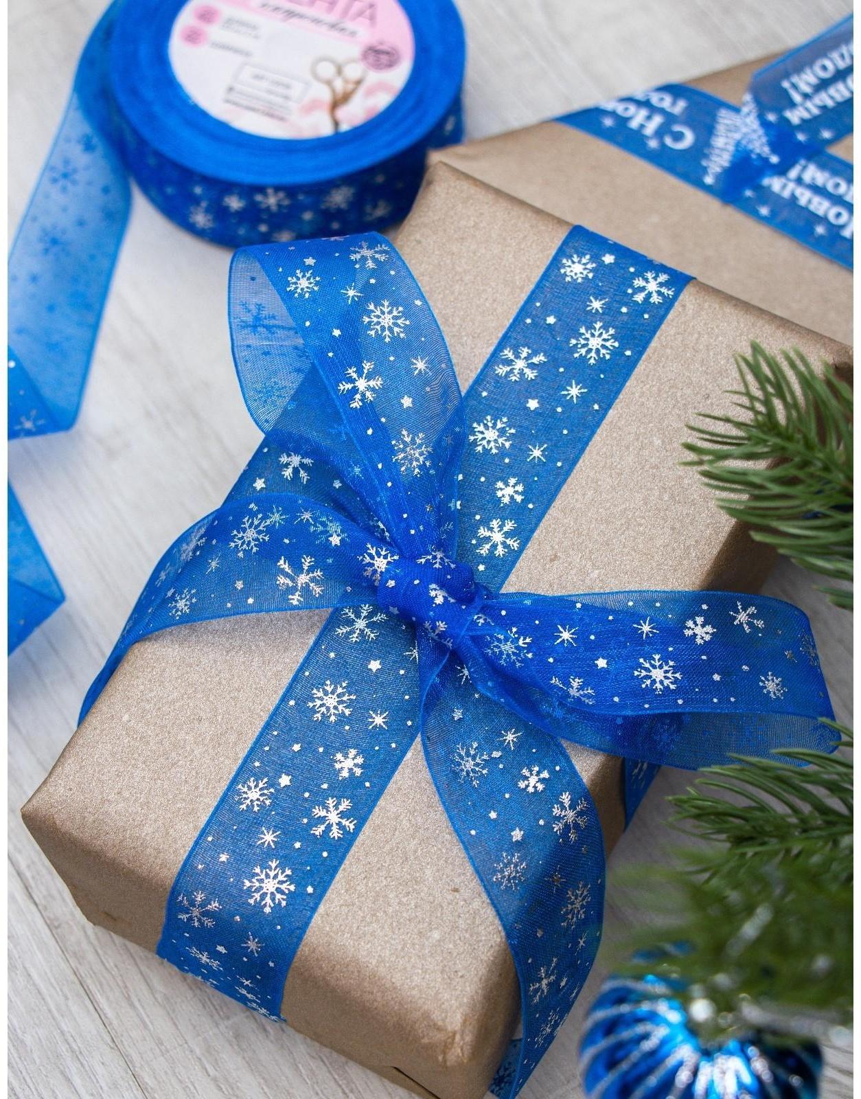 Лента капроновая с тиснением «Снежинки», 25 мм × 23 ± 1 м, цвет синий/серебряный №040