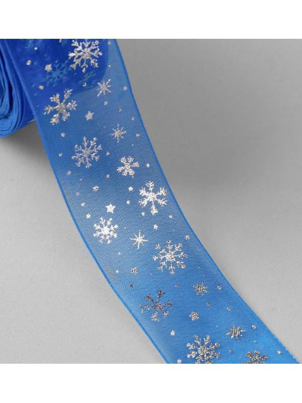 Лента капроновая с тиснением «Снежинки», 25 мм × 23 ± 1 м, цвет синий/серебряный №040