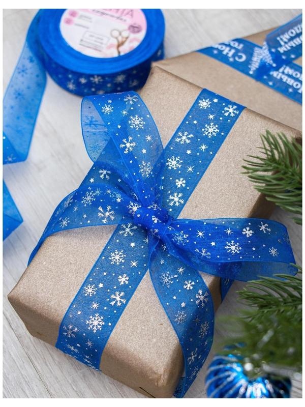 Лента капроновая с тиснением «Снежинки», 25 мм × 23 ± 1 м, цвет синий/серебряный №040