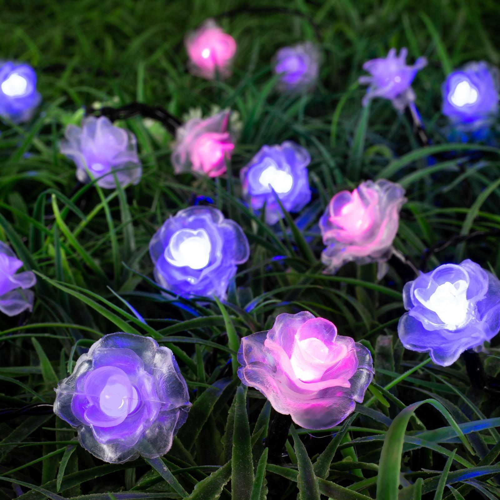 Гирлянда «Нить» 4.5 м с насадками «Розы», IP44, тёмная нить, 30 LED, свечение синее/фиолетовое/розовое, 2 режима, солнечная батарея