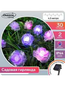 Гирлянда «Нить» 4.5 м с насадками «Розы», IP44, тёмная нить, 30 LED, свечение синее/фиолетовое/розовое, 2 режима, солнечная батарея