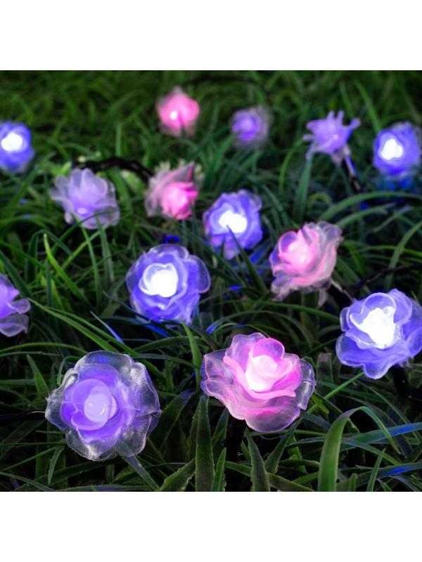 Гирлянда «Нить» 4.5 м с насадками «Розы», IP44, тёмная нить, 30 LED, свечение синее/фиолетовое/розовое, 2 режима, солнечная батарея