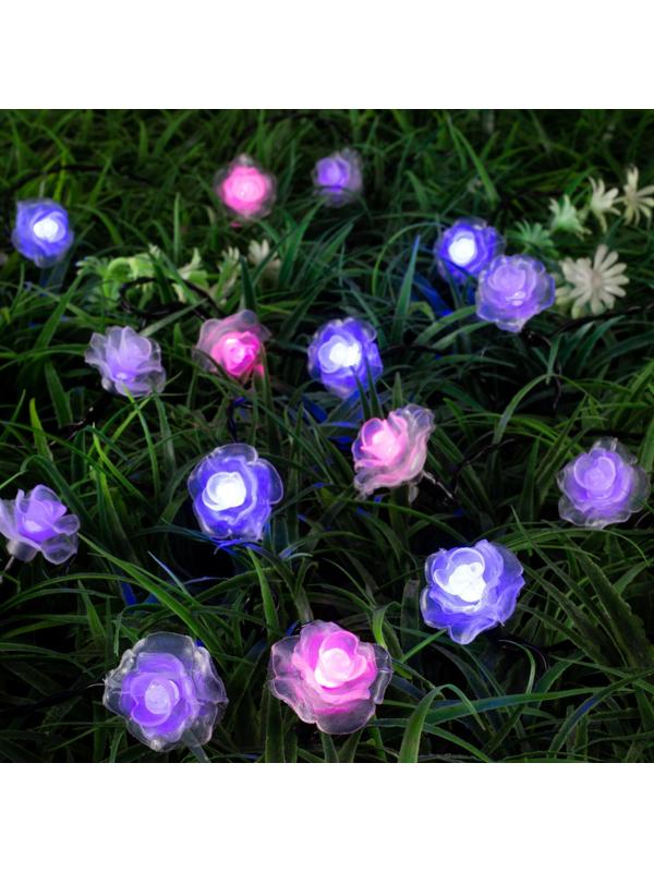 Гирлянда «Нить» 4.5 м с насадками «Розы», IP44, тёмная нить, 30 LED, свечение синее/фиолетовое/розовое, 2 режима, солнечная батарея