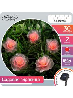 Гирлянда «Нить» 4.5 м с насадками «Розы», IP44, тёмная нить, 30 LED, свечение красное, 2 режима, солнечная батарея