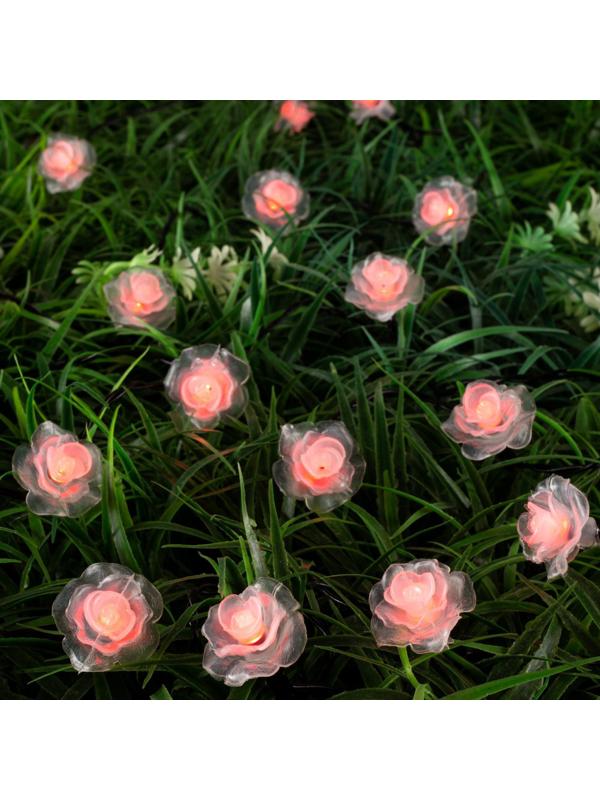 Гирлянда «Нить» 4.5 м с насадками «Розы», IP44, тёмная нить, 30 LED, свечение красное, 2 режима, солнечная батарея