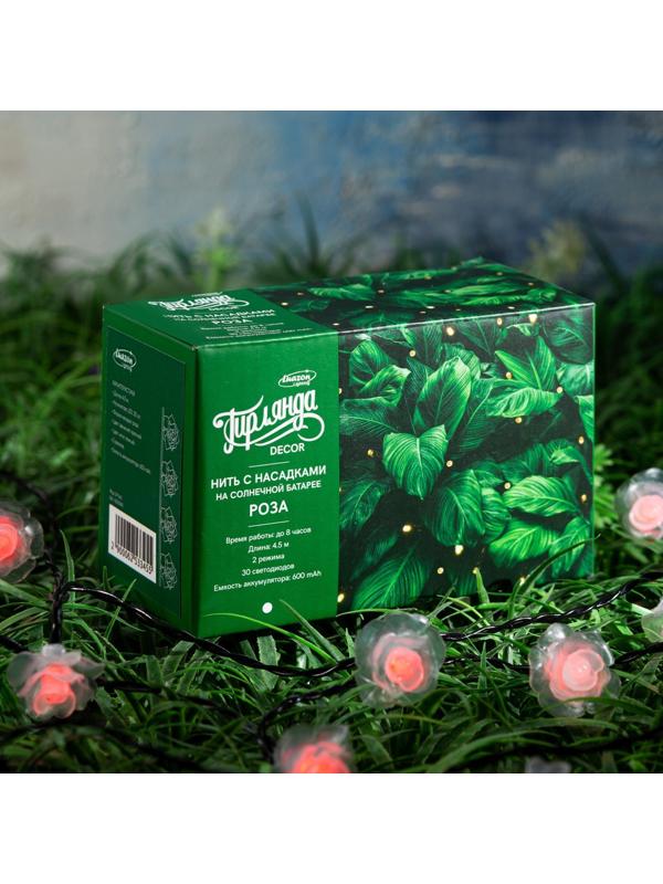Гирлянда «Нить» 4.5 м с насадками «Розы», IP44, тёмная нить, 30 LED, свечение красное, 2 режима, солнечная батарея