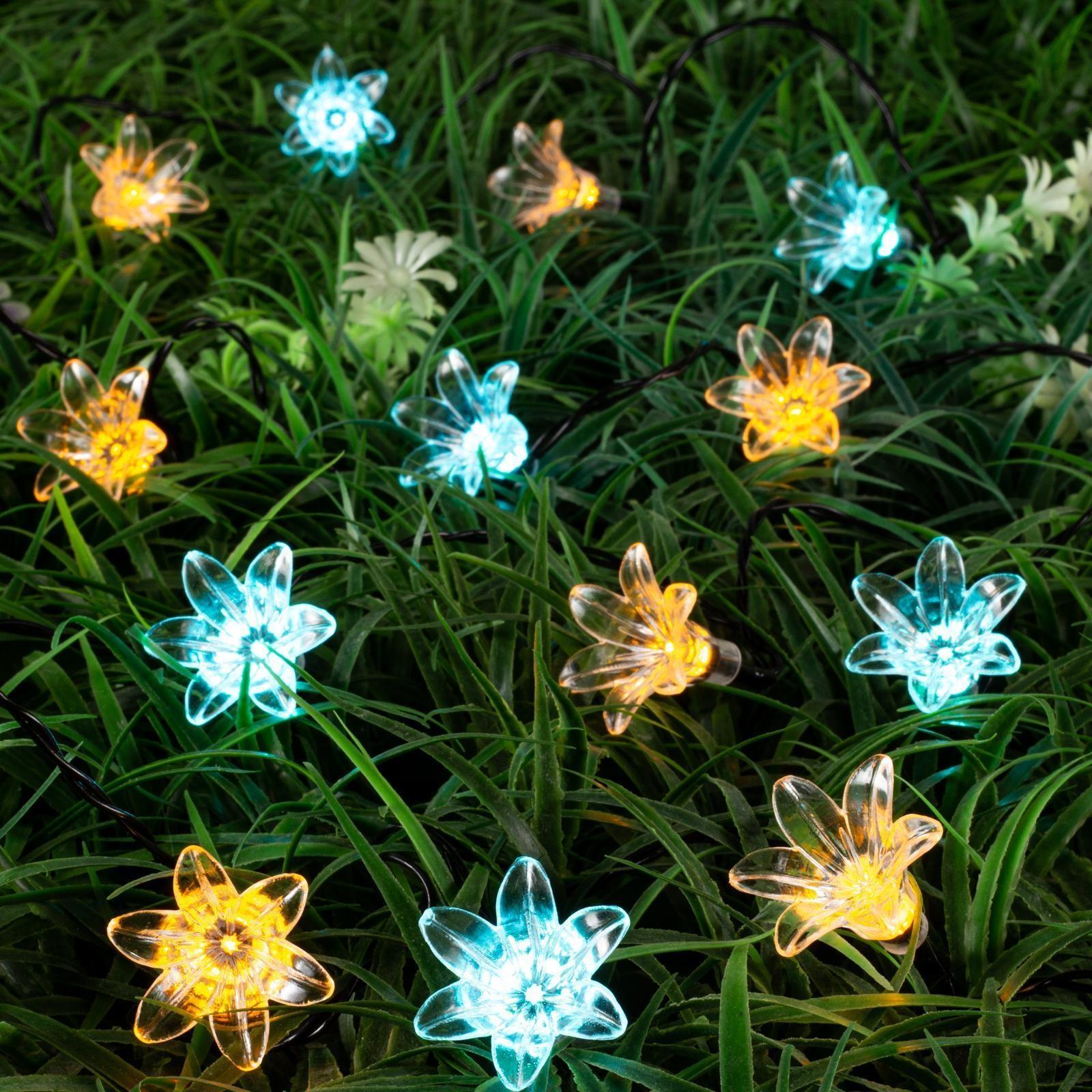 Гирлянда «Нить» 4.5 м с насадками «Цветы», IP44, тёмная нить, 30 LED, свечение жёлтое/аквамарин, 2 режима, солнечная батарея