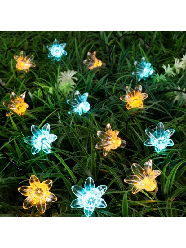 Гирлянда «Нить» 4.5 м с насадками «Цветы», IP44, тёмная нить, 30 LED, свечение жёлтое/аквамарин, 2 режима, солнечная батарея