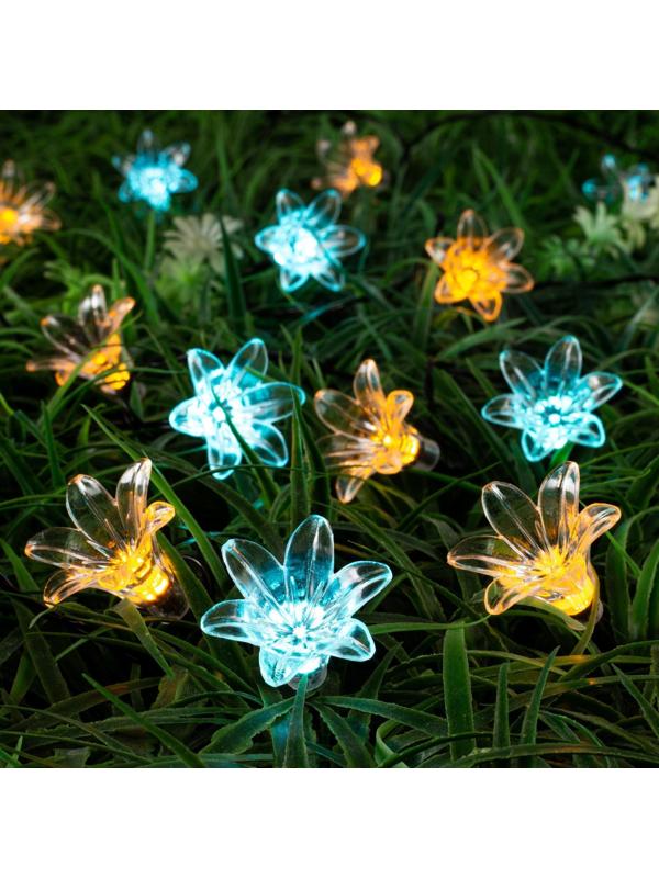 Гирлянда «Нить» 4.5 м с насадками «Цветы», IP44, тёмная нить, 30 LED, свечение жёлтое/аквамарин, 2 режима, солнечная батарея