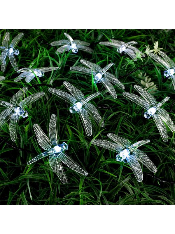 Гирлянда «Нить» 4.5 м с насадками «Стрекозы», IP44, тёмная нить, 30 LED, свечение белое, 2 режима, солнечная батарея