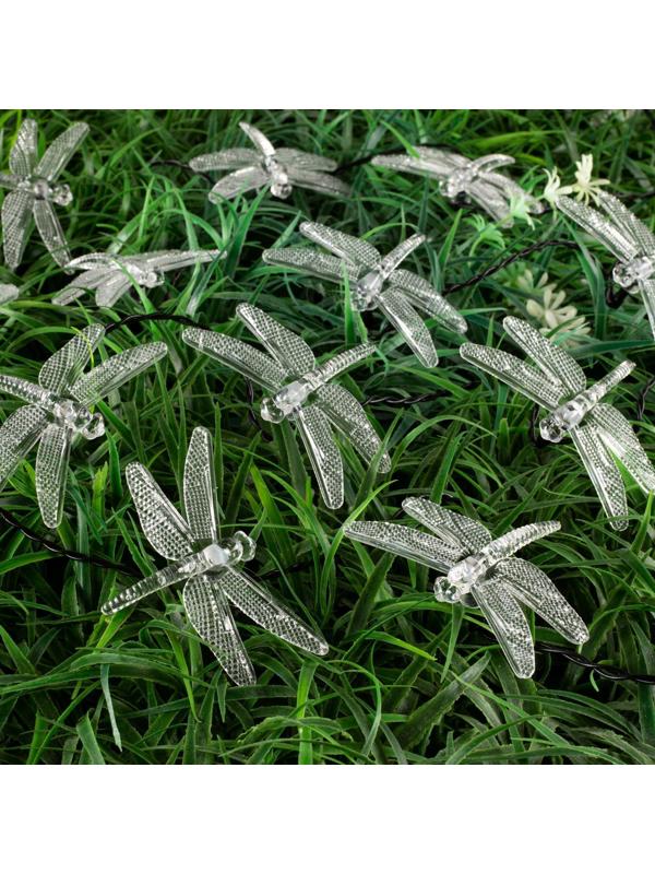 Гирлянда «Нить» 4.5 м с насадками «Стрекозы», IP44, тёмная нить, 30 LED, свечение белое, 2 режима, солнечная батарея