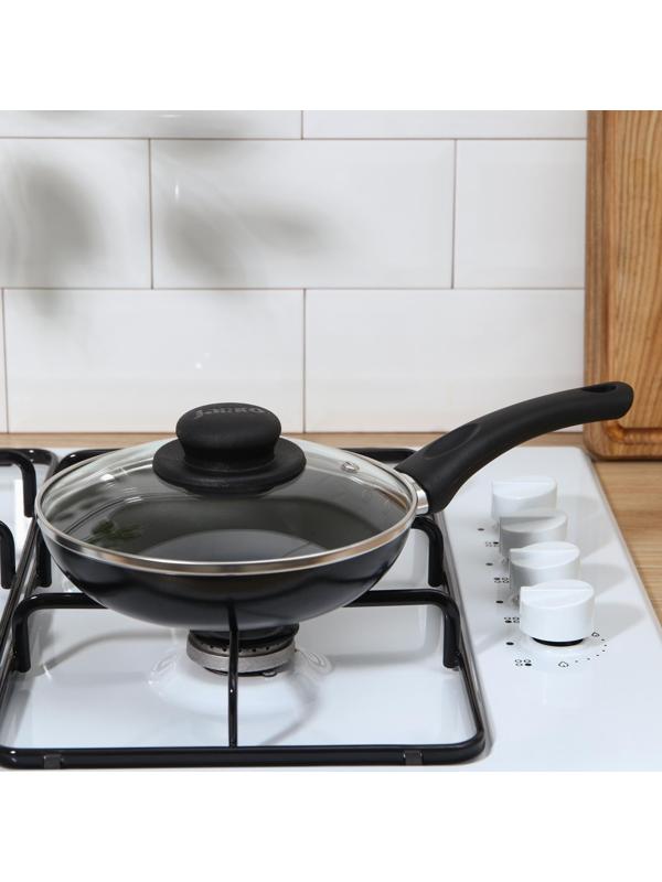 Сковорода Lite, d=18 см, пластиковая ручка, стеклянная крышка, антипригарное покрытие, цвет чёрный