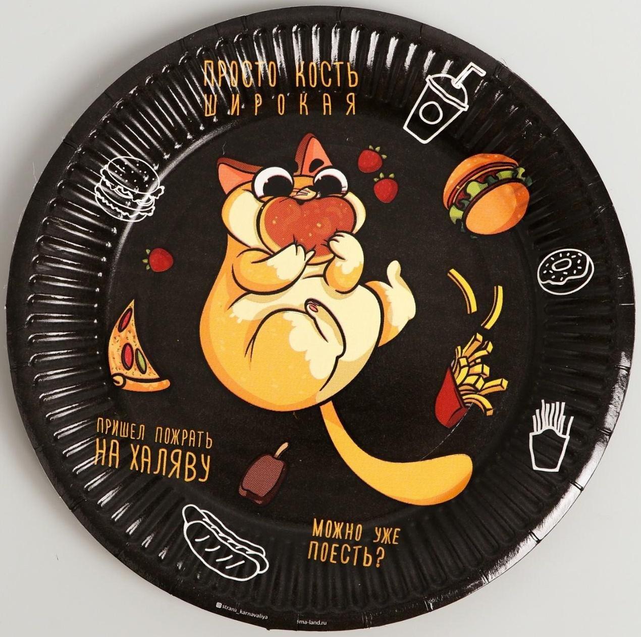 Набор бумажной посуды «Котик обжора», 6 тарелок, 6 стаканов, 1 гирлянда