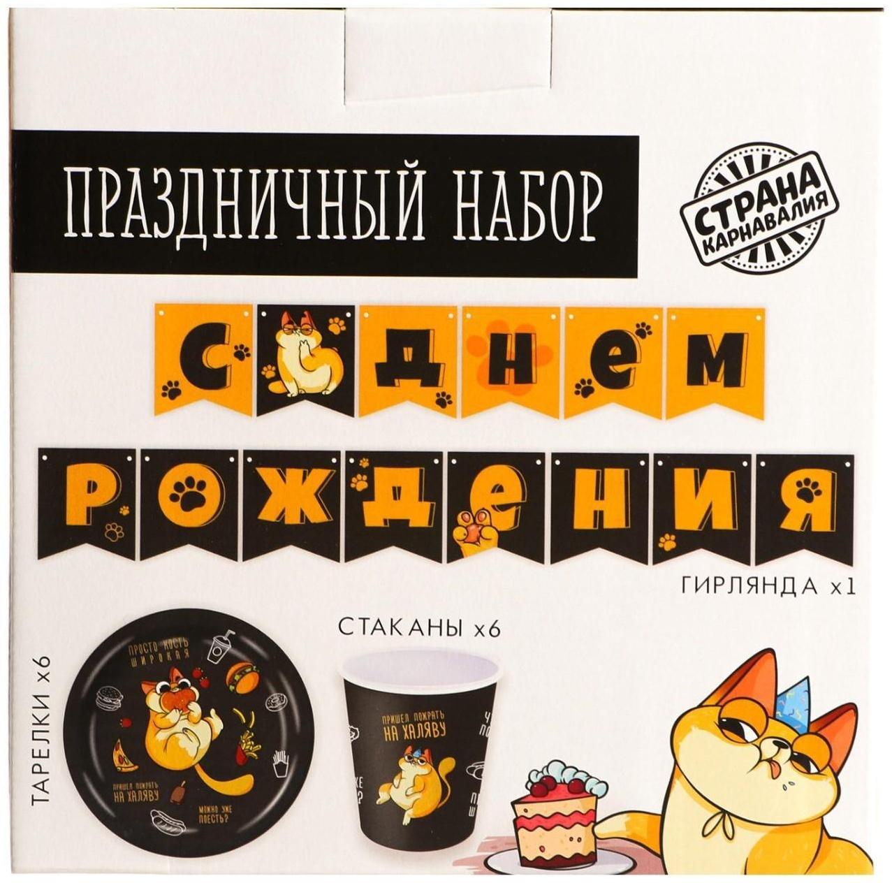 Набор бумажной посуды «Котик обжора», 6 тарелок, 6 стаканов, 1 гирлянда