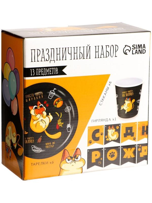 Набор бумажной посуды «Котик обжора», 6 тарелок, 6 стаканов, 1 гирлянда