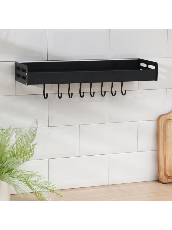 Полка подвесная, 6 крючков, 40×13,5×5,5 см, цвет чёрный, алюминий