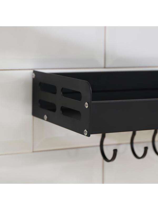 Полка подвесная, 6 крючков, 40×13,5×5,5 см, цвет чёрный, алюминий