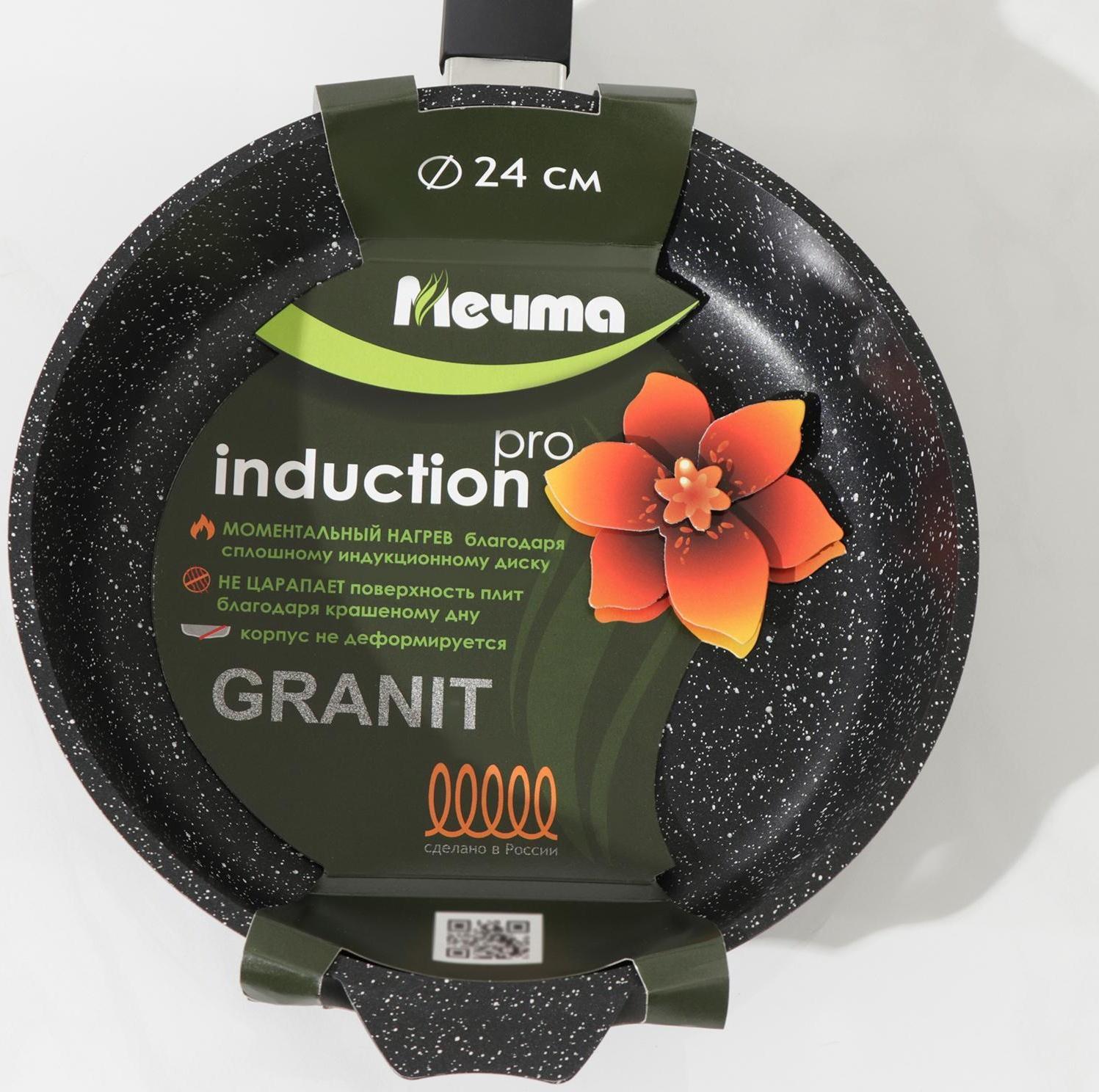 Сковорода Гранит black. Induction Pro, d=24 см, пластиковая ручка, антипригарное покрытие, цвет чёрный