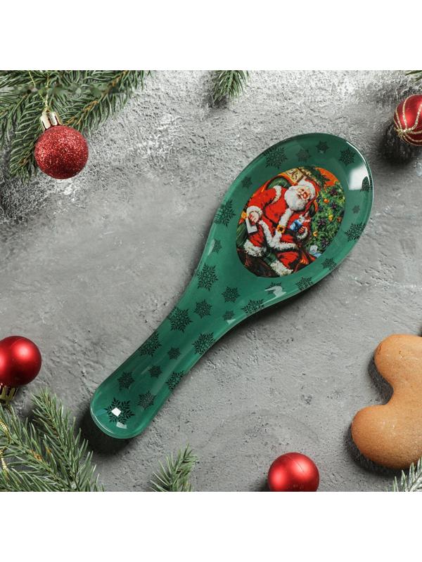 Подставка стеклянная под ложку Доляна «Счастливый Санта», 21×7,5×1,4 см, цвет зелёный