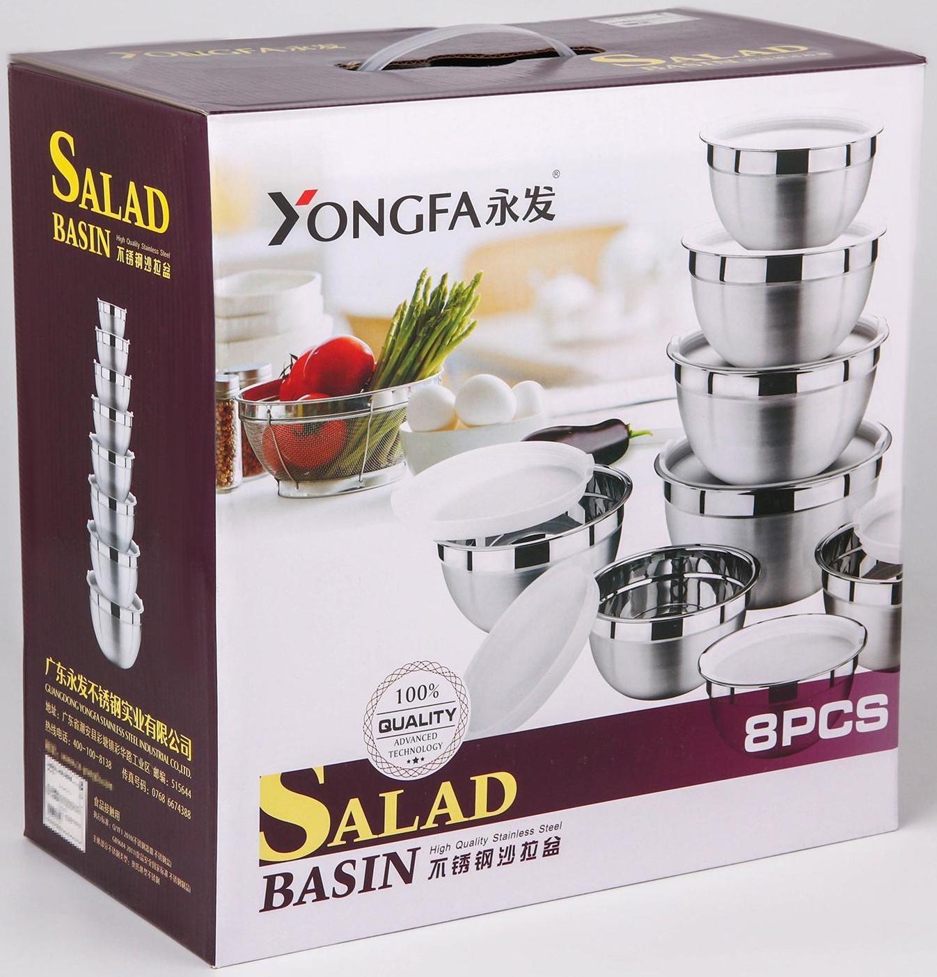 Набор мисок из нержавеющей стали с крышками, 8 шт: d=18 см, d=20 см, d=22 см, d=24 см, d=26 см, d=28 см, d=30 см, d=32 см