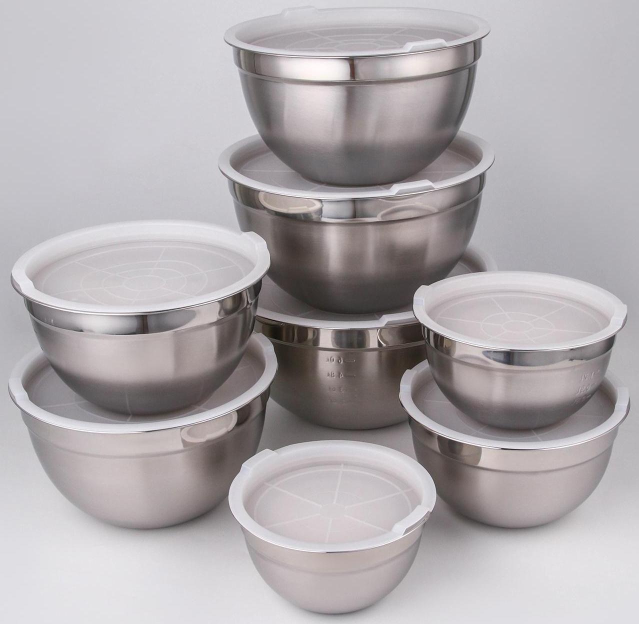 Набор мисок из нержавеющей стали с крышками, 8 шт: d=18 см, d=20 см, d=22 см, d=24 см, d=26 см, d=28 см, d=30 см, d=32 см
