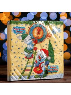 Новогодние салфетки бумажные New Line Fresco «Снеговички-Часовички», 33х33 см, 3 слоя