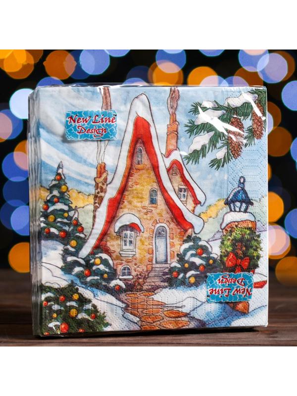 Новогодние салфетки бумажные New Line Fresco «Зимний домик», 33х33 см, 3 слоя