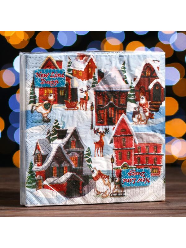 Новогодние салфетки бумажные New Line Fresco «Домики», 33х33 см, 3 слоя