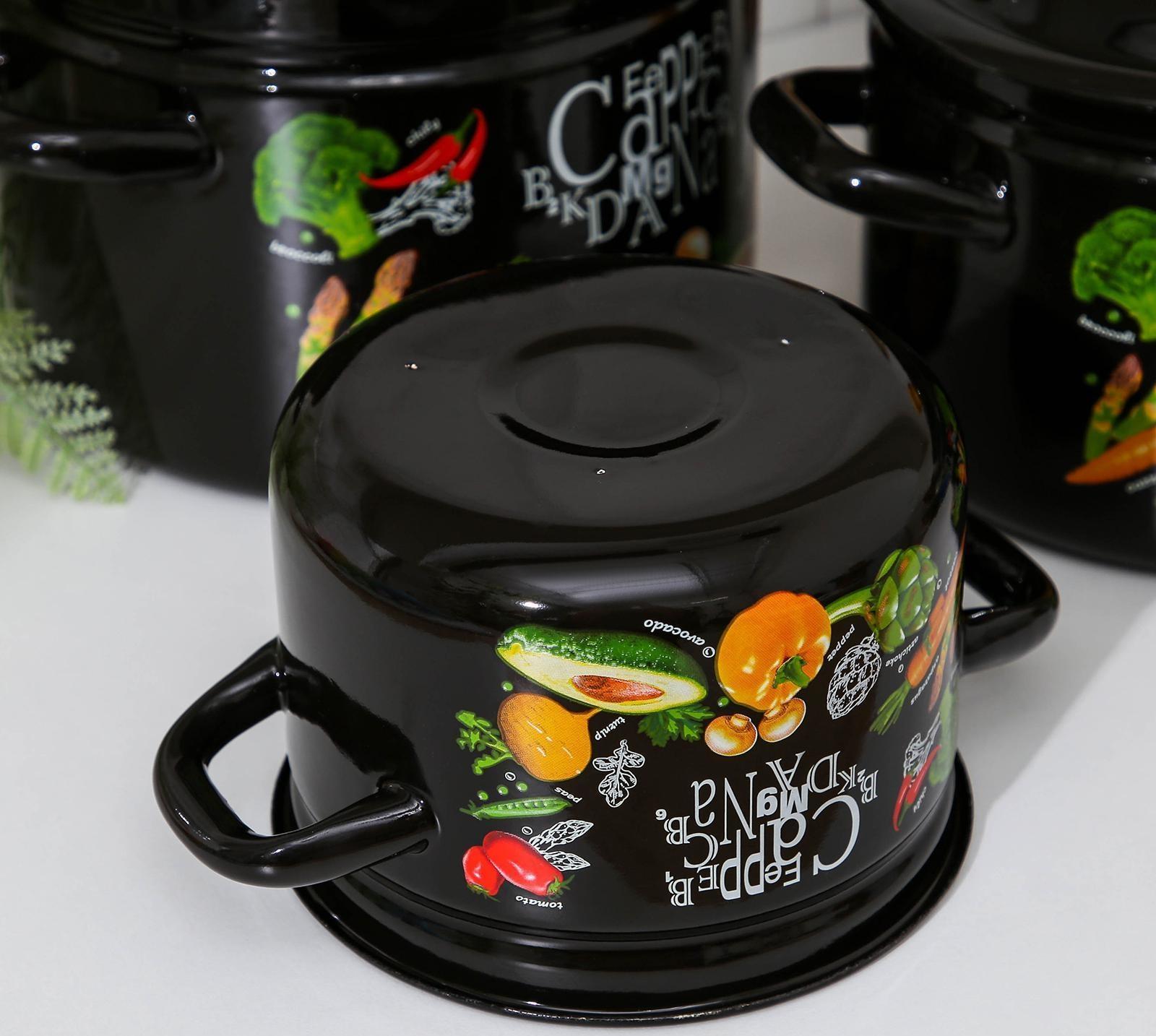 Набор кастрюль «Рацион», 3 предмета: 2 л, 4 л, 6 л, эмалированные крышки, индукция, цвет чёрный