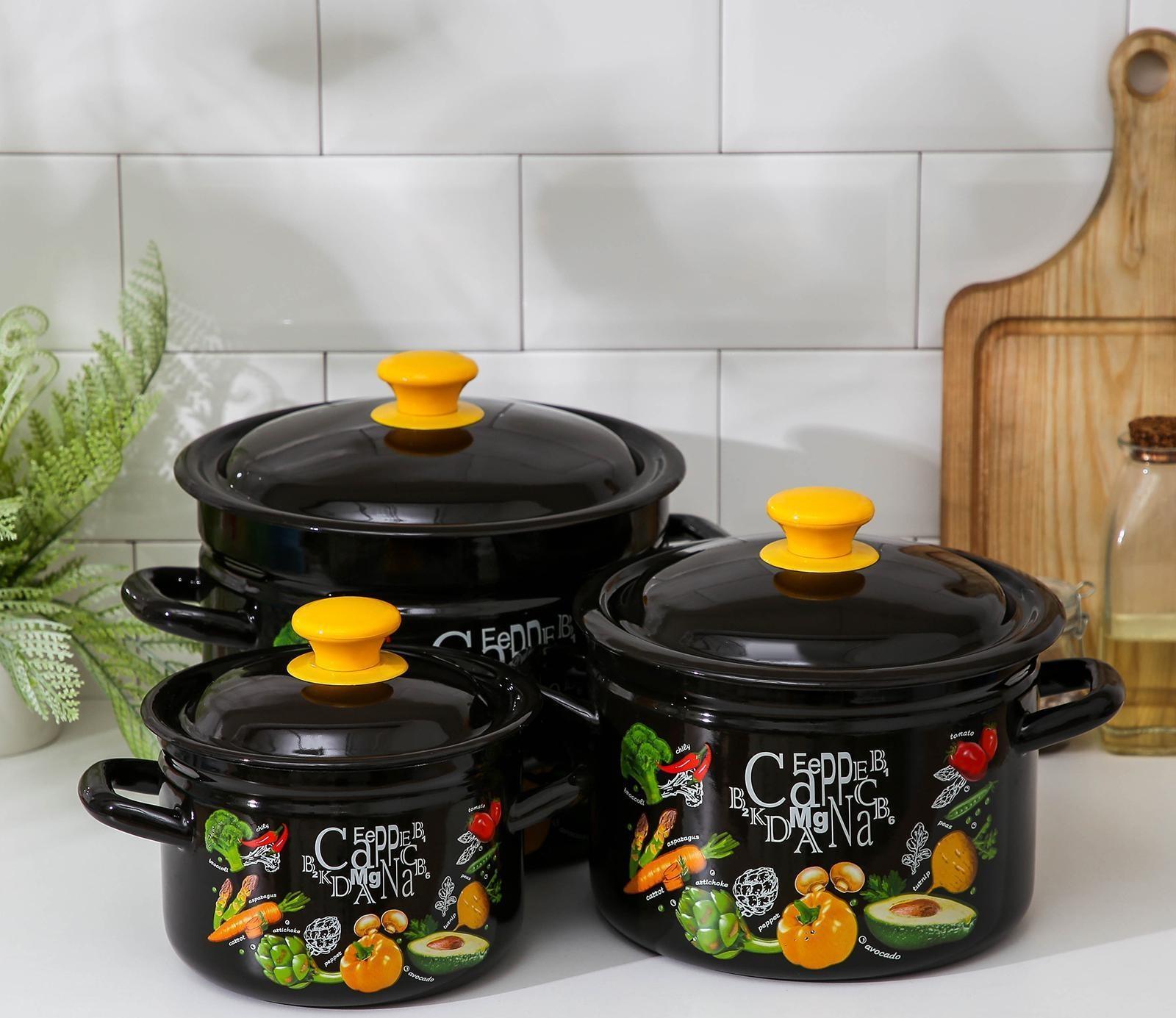 Набор кастрюль «Рацион», 3 предмета: 2 л, 4 л, 6 л, эмалированные крышки, индукция, цвет чёрный