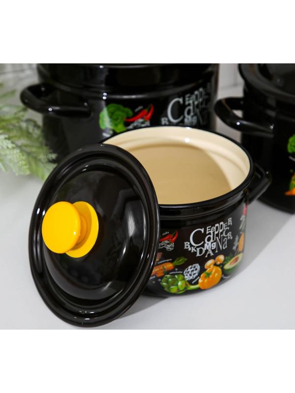 Набор кастрюль «Рацион», 3 предмета: 2 л, 4 л, 6 л, эмалированные крышки, индукция, цвет чёрный