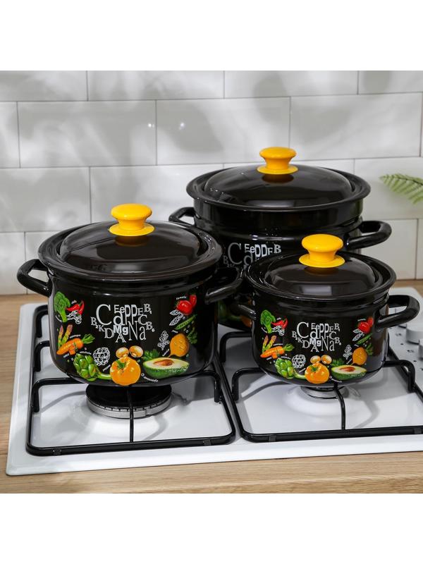 Набор кастрюль «Рацион», 3 предмета: 2 л, 4 л, 6 л, эмалированные крышки, индукция, цвет чёрный