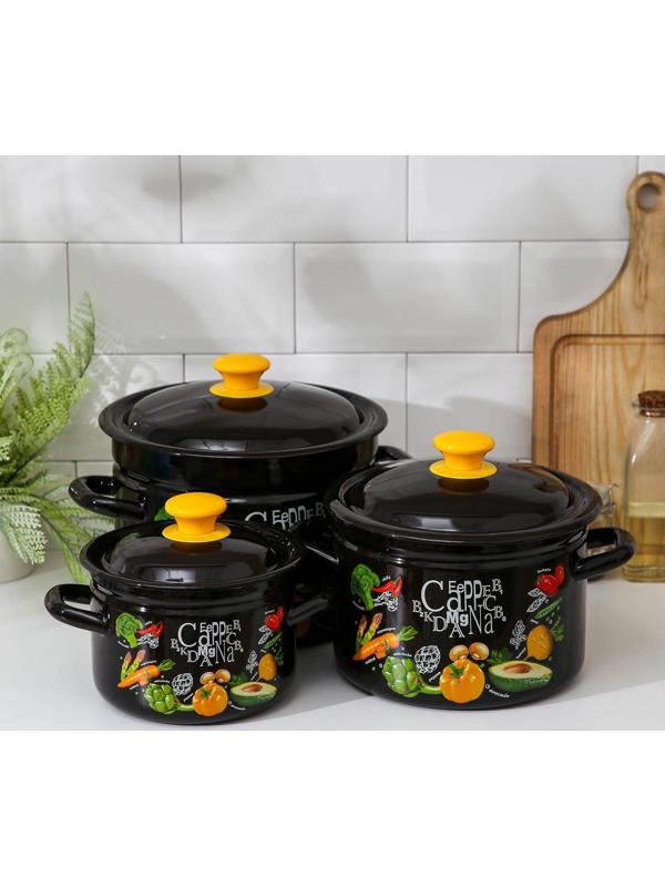 Набор кастрюль «Рацион», 3 предмета: 2 л, 4 л, 6 л, эмалированные крышки, индукция, цвет чёрный