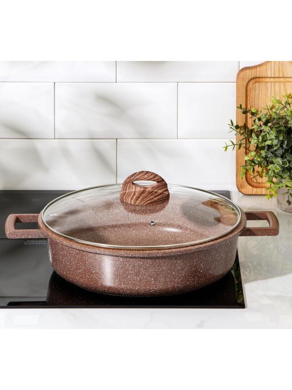 Жаровня Доляна «Брауни», d=28 см, стеклянная крышка, литые ручки, антипригарное покрытие, индукция, цвет коричневый