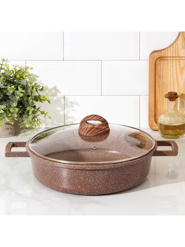 Жаровня Доляна «Брауни», d=28 см, стеклянная крышка, литые ручки, антипригарное покрытие, индукция, цвет коричневый
