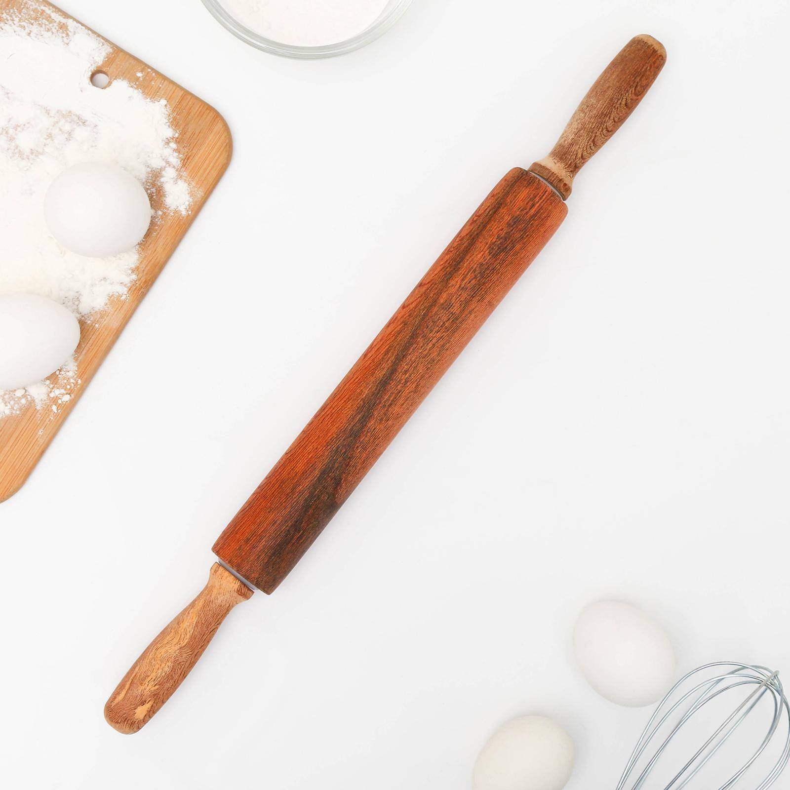 Скалка вращающаяся, 43×4 см, фигурные ручки, акация