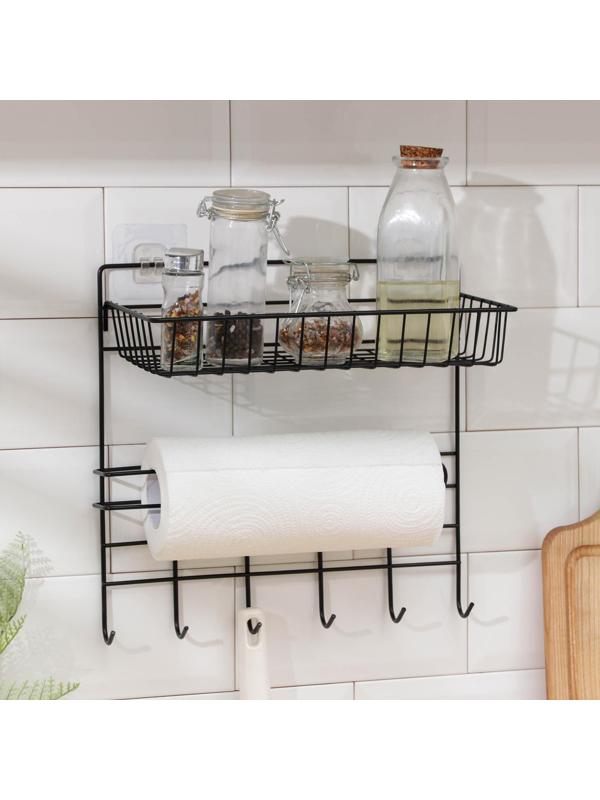 Полка с держателем для полотенец Доляна, 6 крючков, цвет чёрный