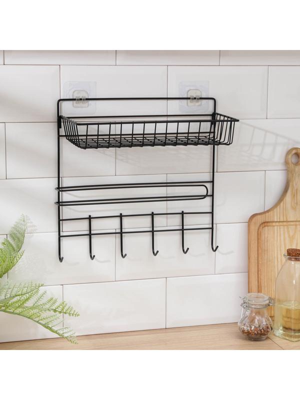 Полка с держателем для полотенец Доляна, 6 крючков, цвет чёрный