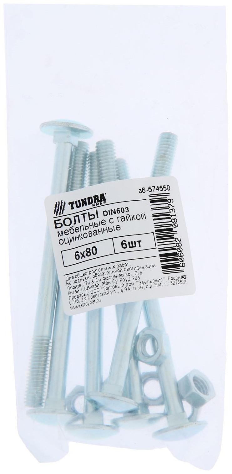 Болт мебельный ТУНДРА krep DIN603 6x80 с гайкой, цинк, 6 шт.