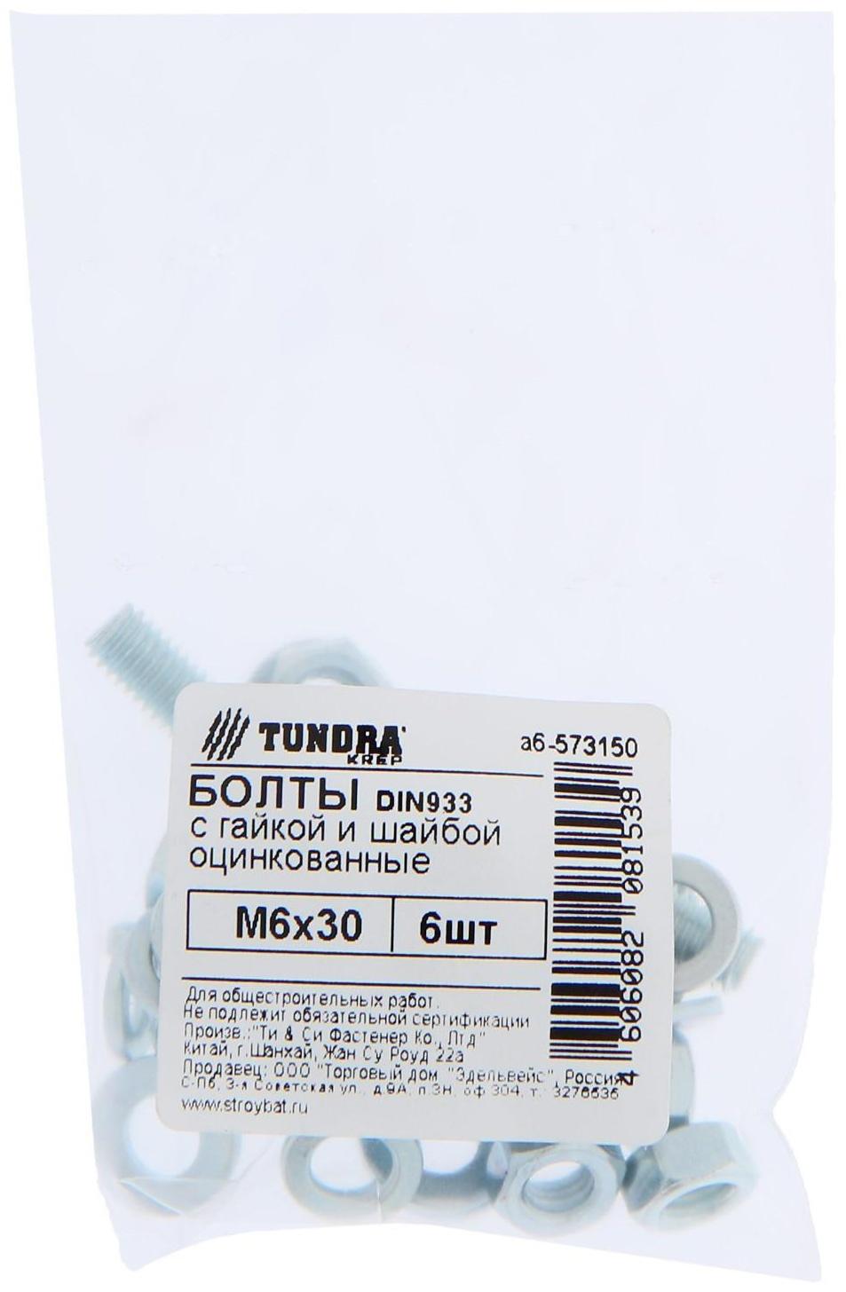 Болты ТУНДРА krep DIN933 М6x30 с гайкой и шайбой, цинк, 6 шт.