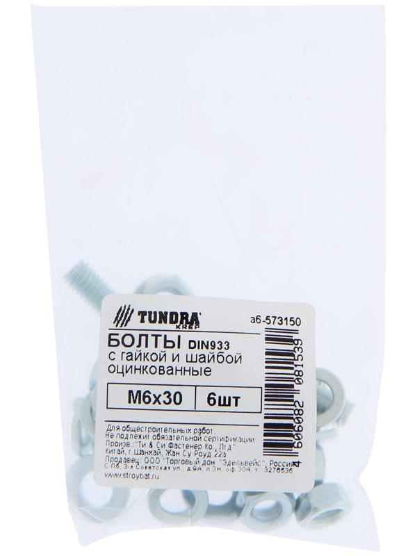 Болты ТУНДРА krep DIN933 М6x30 с гайкой и шайбой, цинк, 6 шт.